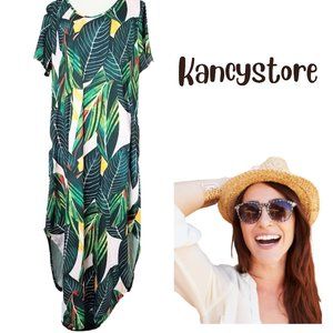 KANCYSTORE Tropical Leaf Print Maxi Dress With Pockets - Women's XL